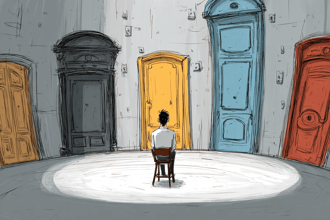 A man sits on a stool contemplating which of the 5 doors he should walk through