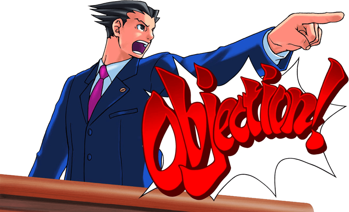 Lawyer Phoenix Wright pointing and making an objection
