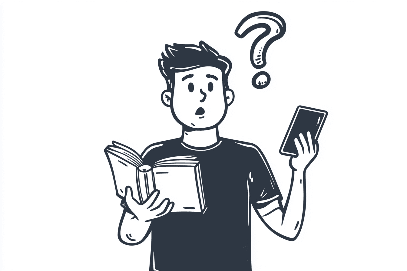 Man contemplating between phone or book